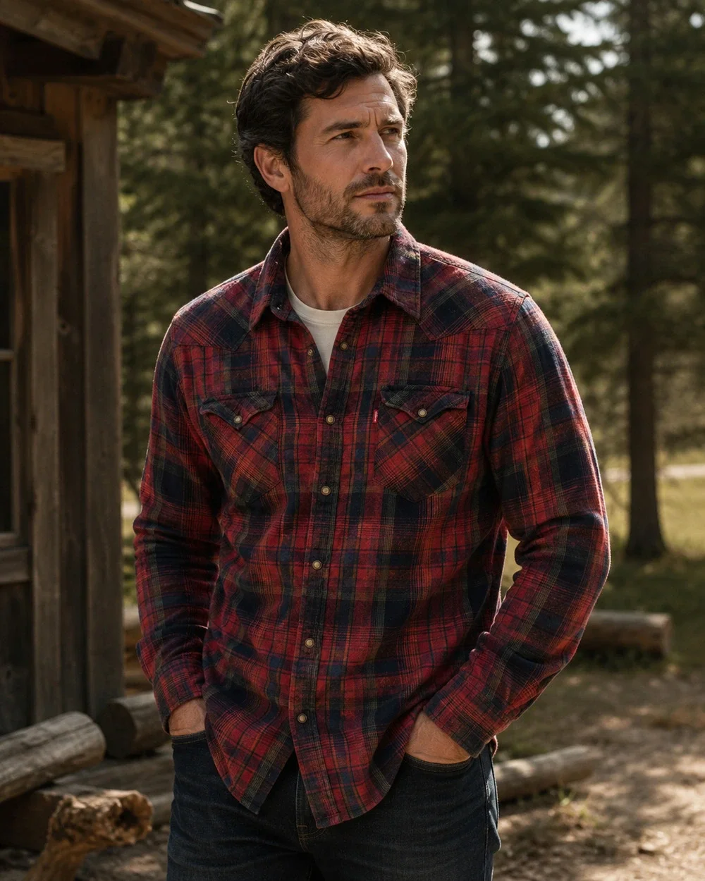 Mens Levis Flannel Shirt Western Red Button-Up Plaid Medium